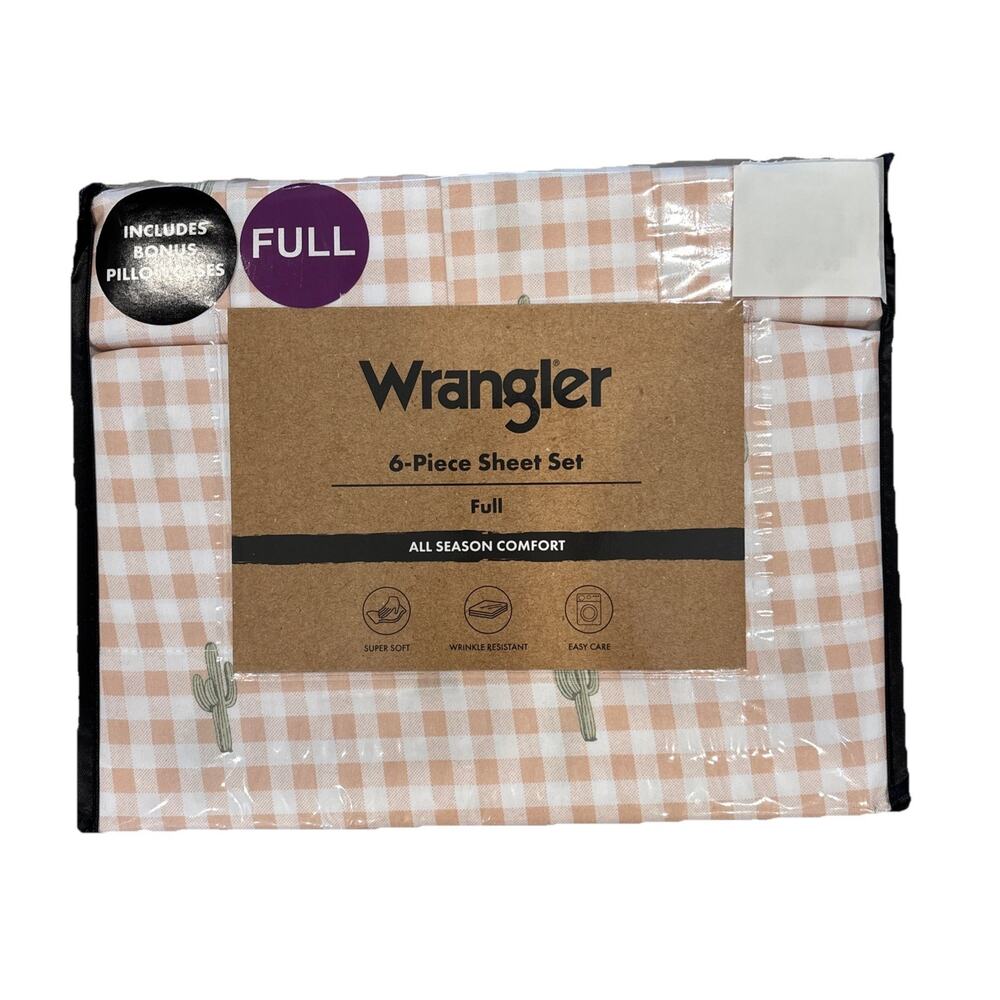 Wrangler FULL Pink Dusty Rose Gingham Cactus Print 6-Piece Sheet Set NEW